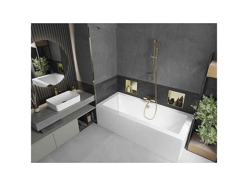 Mexen Cube baignoire rectangulaire 170 x 80 cm avec tablier et paroi 1 vantail 60 cm, transparent, doré - 550517080X9506000050