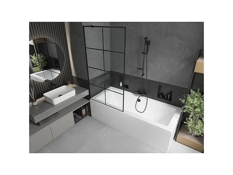 Mexen Cube Rectangular Bathtub 170 x 80 cm with Casing and 1-Leaf Screen 90 cm, Black Pattern - 550517080X9509007077