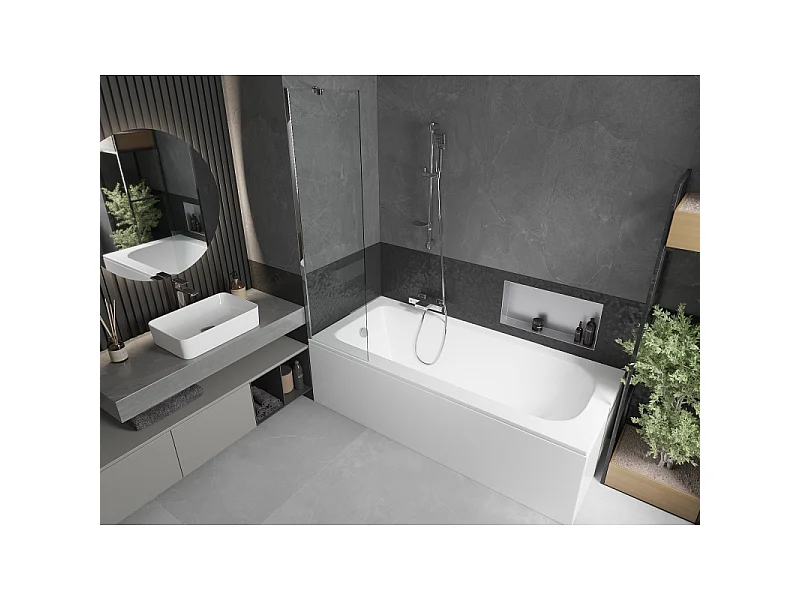 Mexen Vega bañera rectangular de 170 x 70 cm con revestimiento y biombo de 1 hoja de 50 cm, transparente, cromo