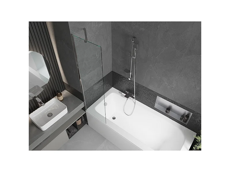 Mexen Vega bañera rectangular de 170 x 70 cm con revestimiento y biombo de 1 hoja de 50 cm, transparente, cromo