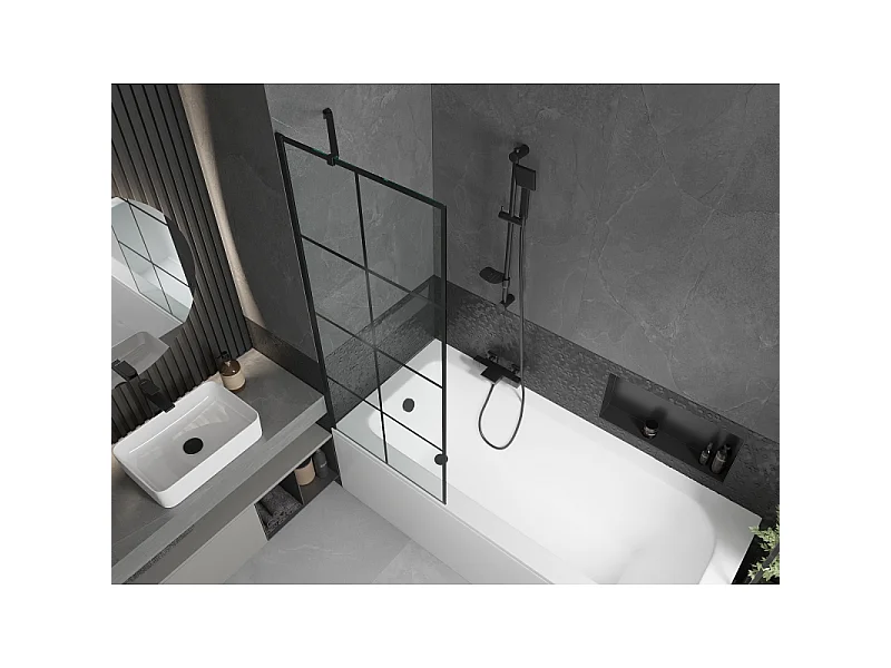Mexen Vega rectangular bath 180 x 80 cm with casing and 1-wing screen 70 cm, black pattern - 550118080X9507007077