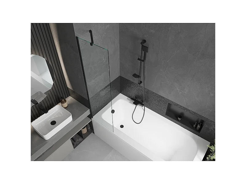 Mexen Vega baignoire rectangulaire 160 x 70 cm avec panneau et paravent à 1 vantail 50 cm, transparent, noir
