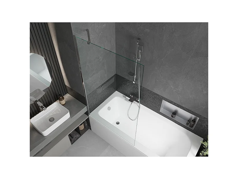 Mexen Vega Rechteckige Badewanne 180 x 80 cm mit Verkleidung und 1-flügeliger Abtrennung 100 cm, transparent, Chrom