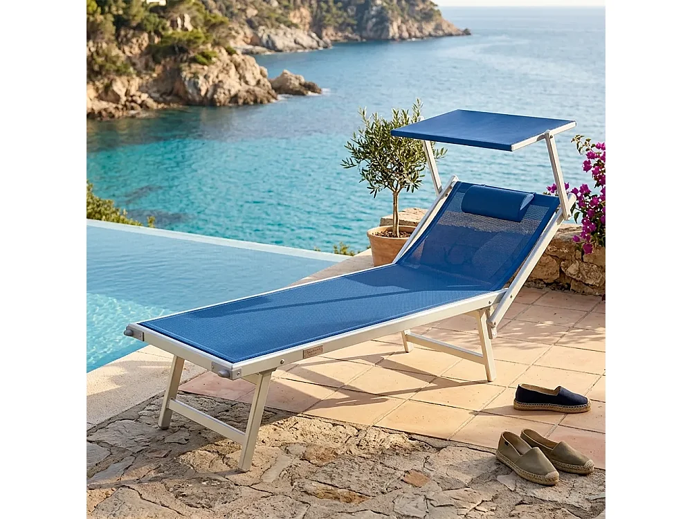 Tempo Style - Lettino Mare Professionale L-MEDITERRANEO | Sdraio 3 posizioni con Parasole | Ideale per Spiaggia e Giardino (Blu/Alluminio)
