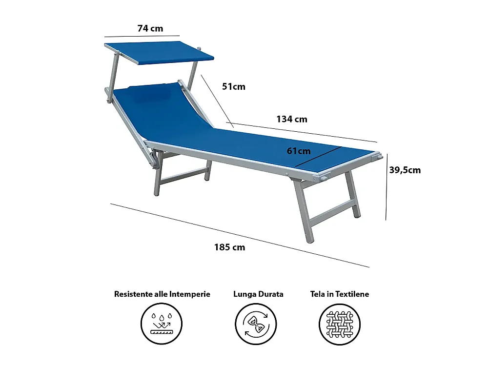 Tempo Style - Lettino Mare Professionale L-MEDITERRANEO | Sdraio 3 posizioni con Parasole | Ideale per Spiaggia e Giardino (Blu/Alluminio)