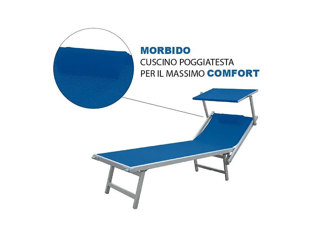 Tempo Style - Lettino Mare Professionale L-MEDITERRANEO | Sdraio 3 posizioni con Parasole | Ideale per Spiaggia e Giardino (Blu/Alluminio)