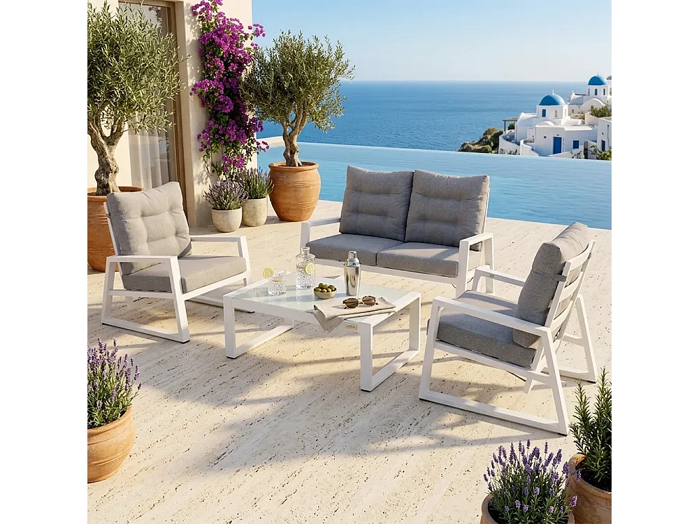 Tempo Style - Salottino in alluminio MIKONOS bianco/grigio | Lounge con divano, tavolo, 2 poltrone e cuscini | Set di mobili da giardino da 4 persone