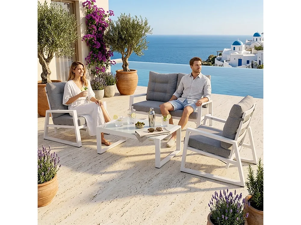 Tempo Style - Salottino in alluminio MIKONOS bianco/grigio | Lounge con divano, tavolo, 2 poltrone e cuscini | Set di mobili da giardino da 4 persone