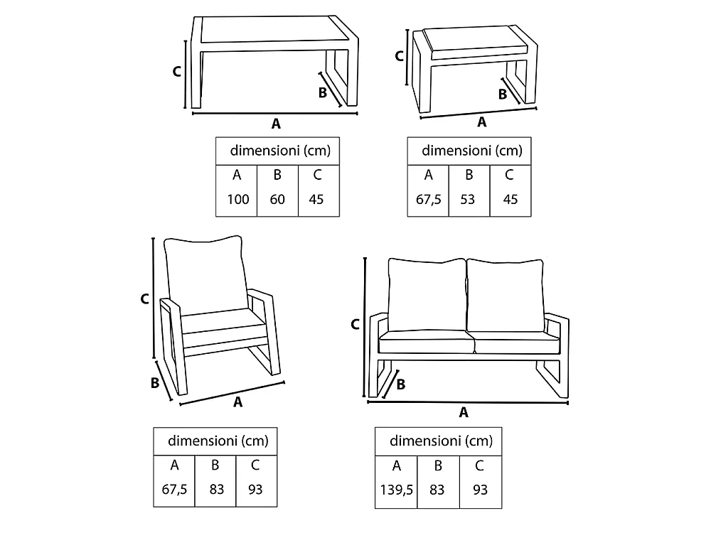 Tempo Style - Salottino in alluminio MIKONOS bianco/grigio | Lounge con divano, tavolo, 2 poltrone e cuscini | Set di mobili da giardino da 4 persone