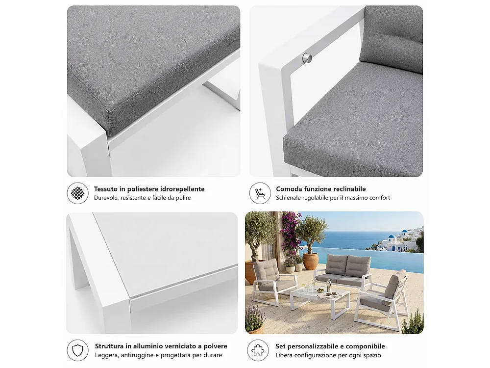 Tempo Style - Salottino in alluminio MIKONOS bianco/grigio | Lounge con divano, tavolo, 2 poltrone e cuscini | Set di mobili da giardino da 4 persone