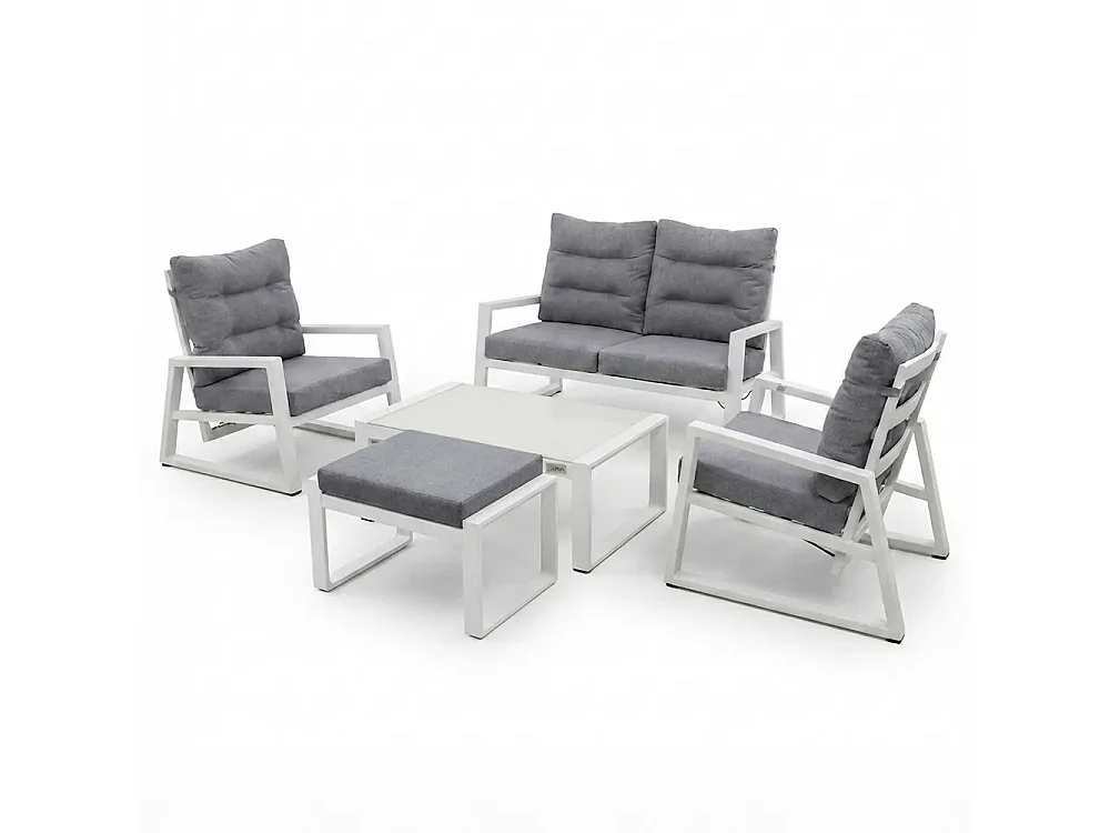 Tempo Style - Salottino in alluminio MIKONOS bianco/grigio | Lounge con divano, tavolo, 2 poltrone e cuscini | Set di mobili da giardino da 4 persone