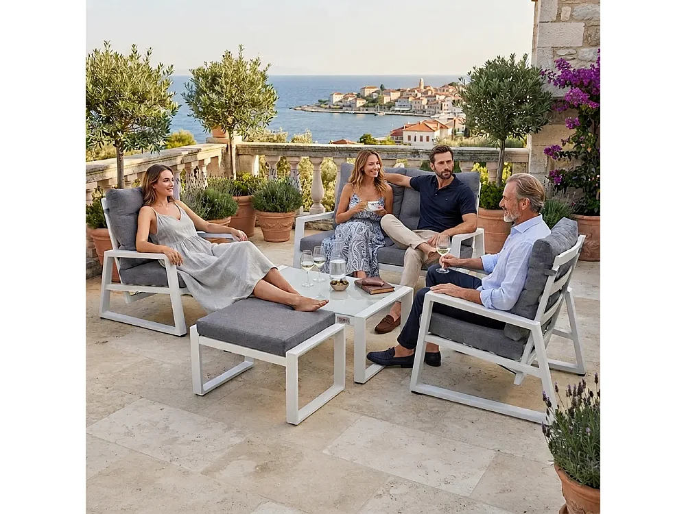 Tempo Style - Salottino in alluminio MIKONOS bianco/grigio | Lounge con divano, tavolo, 2 poltrone e cuscini | Set di mobili da giardino da 4 persone