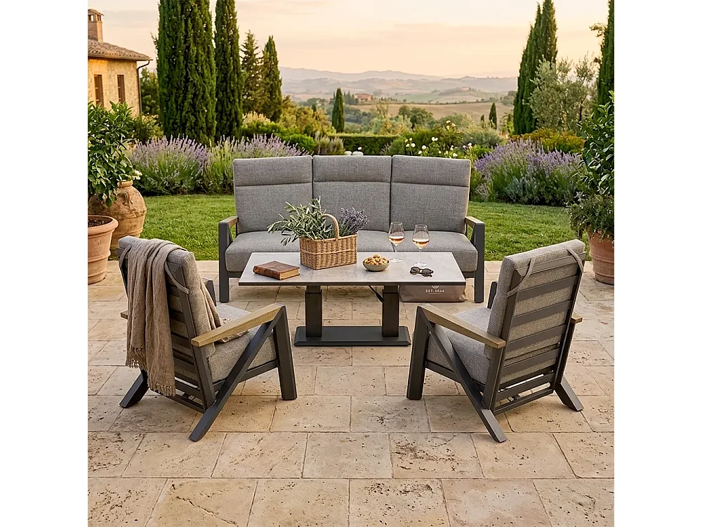 Tempo Style - Salottino KEA in alluminio antracite | Lounge da giardino con divano, tavolo, 2 poltrone e cuscini | Set di mobili giardino da 5 persone
