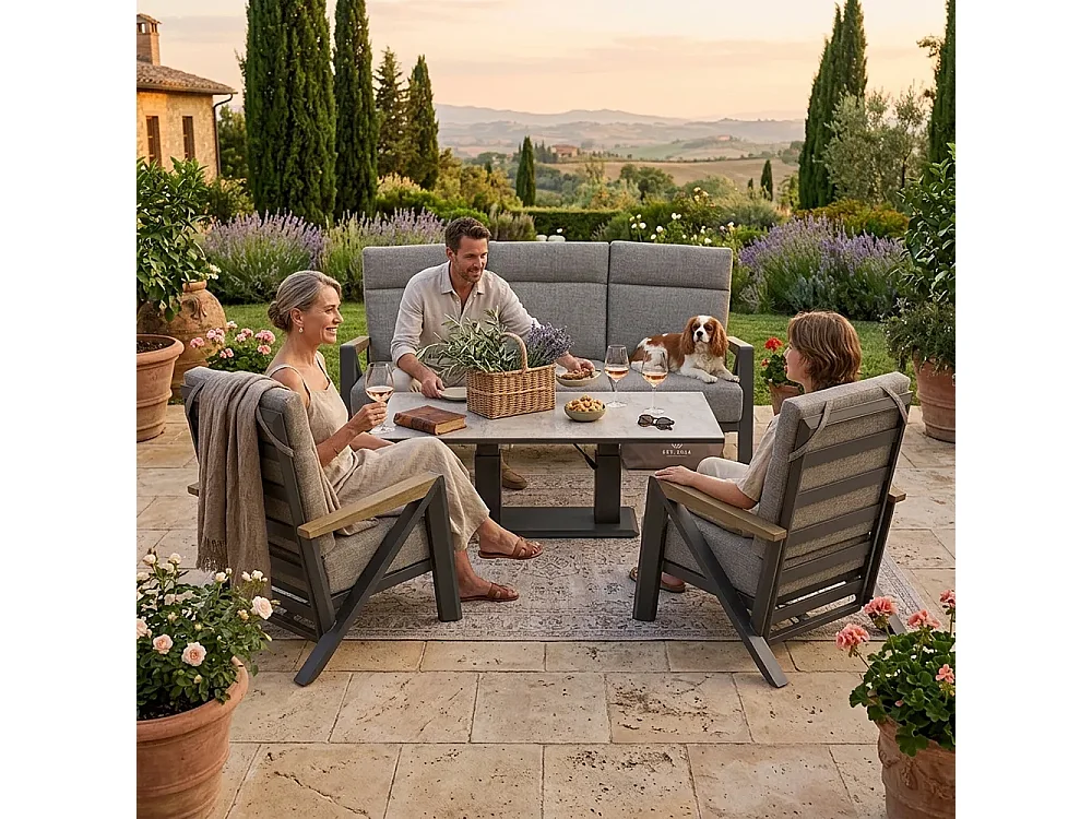Tempo Style - Salottino KEA in alluminio antracite | Lounge da giardino con divano, tavolo, 2 poltrone e cuscini | Set di mobili giardino da 5 persone