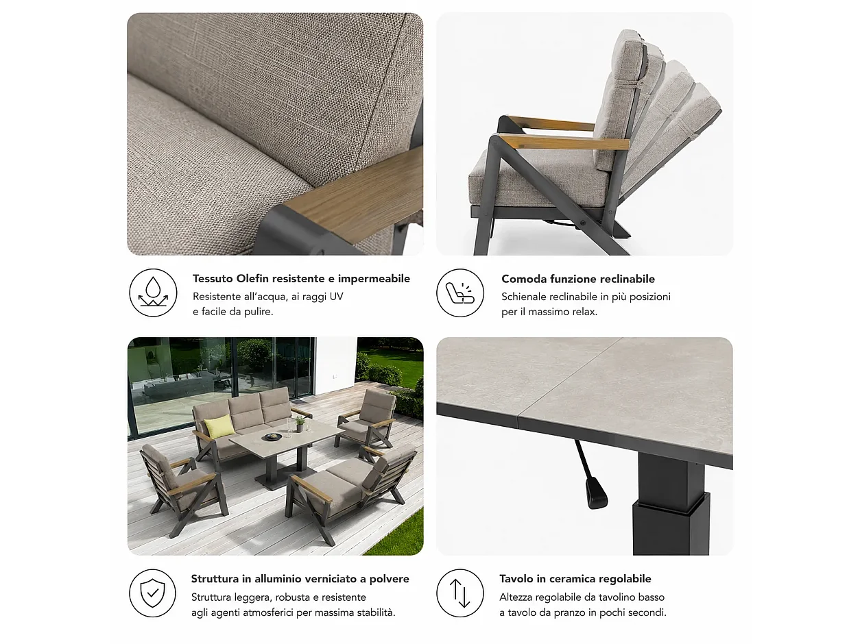 Tempo Style - Salottino KEA in alluminio antracite | Lounge da giardino con divano, tavolo, 2 poltrone e cuscini | Set di mobili giardino da 5 persone