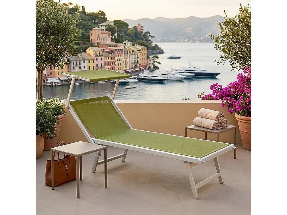 Tempo Style - Lettino Mare Professionale L-MEDITERRANEO | Sdraio 3 posizioni con Parasole | Ideale per Spiaggia e Giardino (Verde Pastello/Bianco)