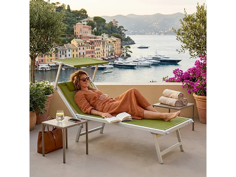 Tempo Style - Lettino Mare Professionale L-MEDITERRANEO | Sdraio 3 posizioni con Parasole | Ideale per Spiaggia e Giardino (Verde Pastello/Bianco)