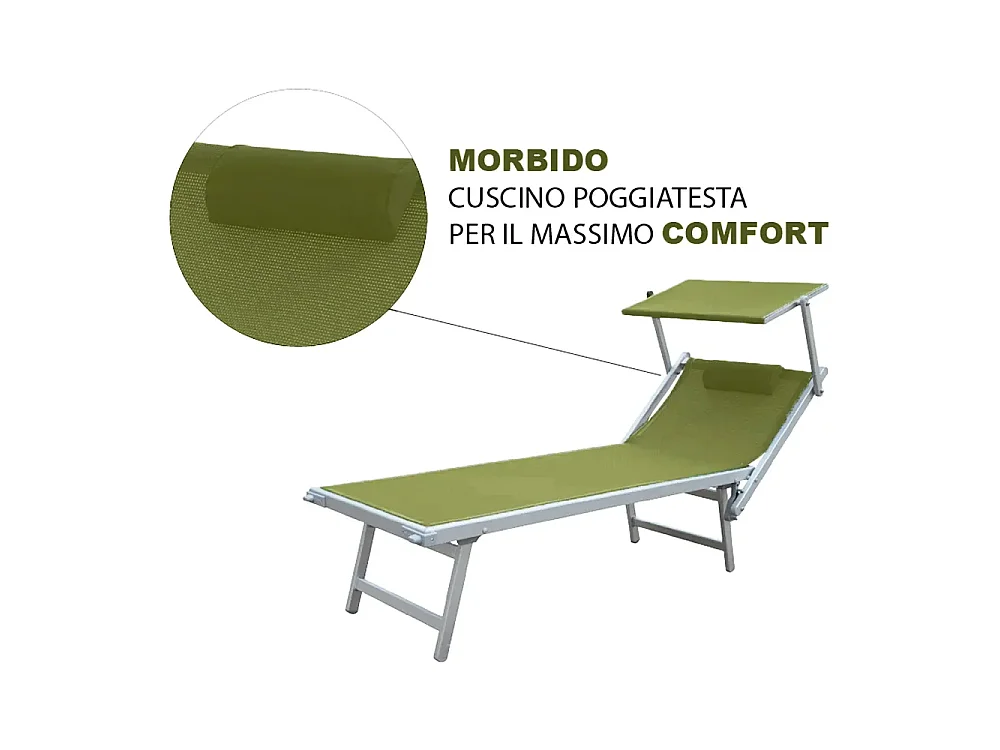 Tempo Style - Lettino Mare Professionale L-MEDITERRANEO | Sdraio 3 posizioni con Parasole | Ideale per Spiaggia e Giardino (Verde Pastello/Bianco)