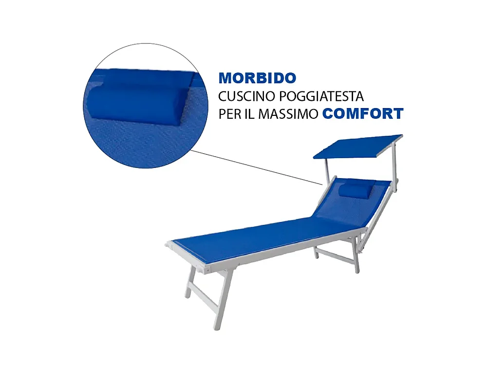 Tempo Style - Lettino Mare Professionale L-MEDITERRANEO | Sdraio 3 posizioni con Parasole | Ideale per Spiaggia e Giardino (Blu/Bianco)