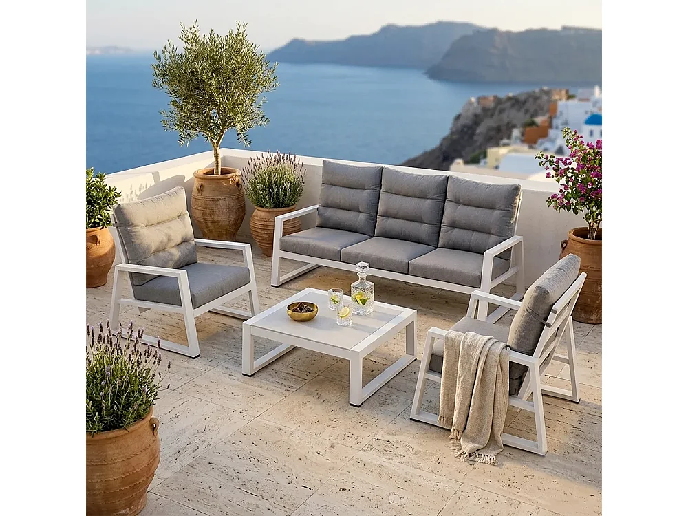 Tempo Style - Salottino in alluminio MIKONOS PLUS bianco/grigio | Lounge con divano, tavolo, 2 poltrone, cuscini | Set mobili da giardino da 5 persone