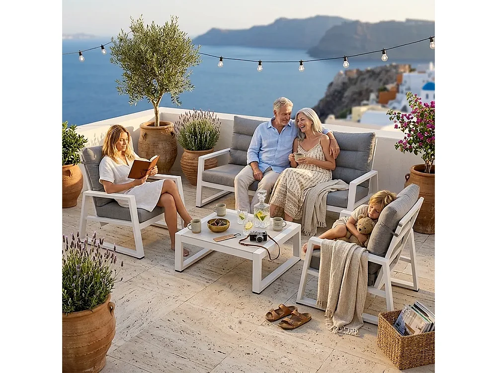 Tempo Style - Salottino in alluminio MIKONOS PLUS bianco/grigio | Lounge con divano, tavolo, 2 poltrone, cuscini | Set mobili da giardino da 5 persone