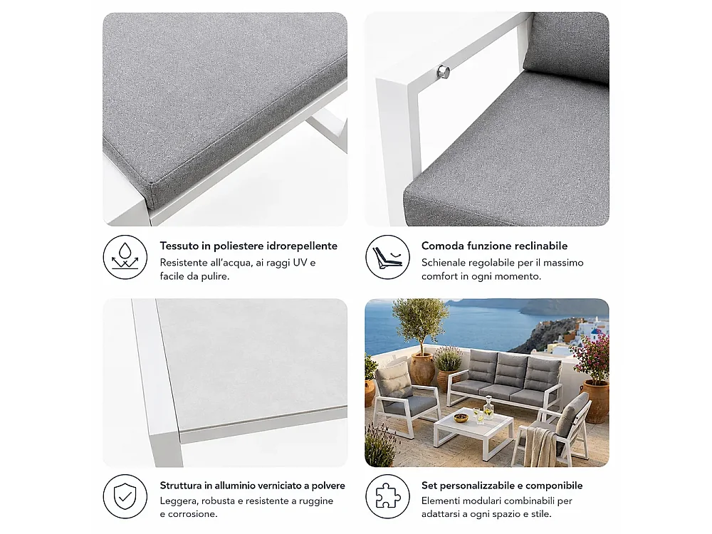 Tempo Style - Salottino in alluminio MIKONOS PLUS bianco/grigio | Lounge con divano, tavolo, 2 poltrone, cuscini | Set mobili da giardino da 5 persone