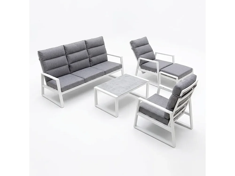 Tempo Style - Salottino in alluminio MIKONOS PLUS bianco/grigio | Lounge con divano, tavolo, 2 poltrone, cuscini | Set mobili da giardino da 5 persone