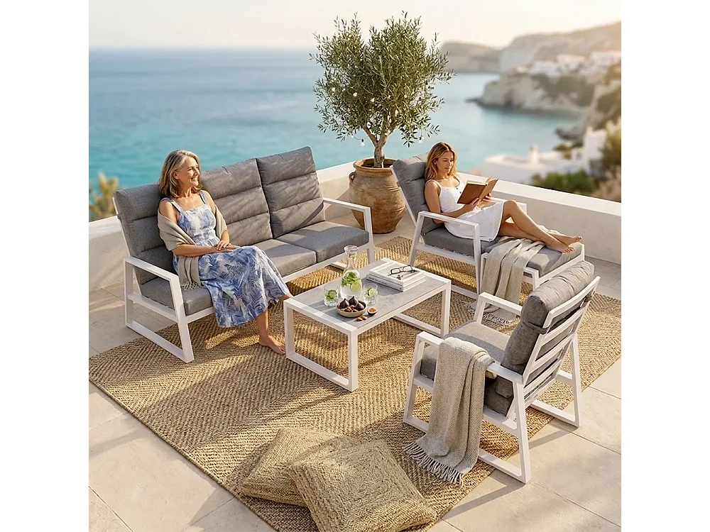 Tempo Style - Salottino in alluminio MIKONOS PLUS bianco/grigio | Lounge con divano, tavolo, 2 poltrone, cuscini | Set mobili da giardino da 5 persone