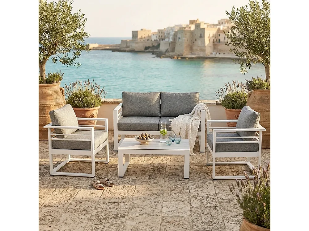 Tempo Style - Salottino 4 posti LEROS in alluminio colore bianco tessuto grigio chiaro per spazi aperti con cuscineria sfoderabile.