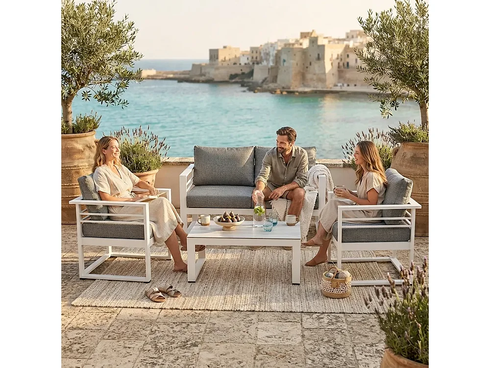 Tempo Style - Salottino 4 posti LEROS in alluminio colore bianco tessuto grigio chiaro per spazi aperti con cuscineria sfoderabile.