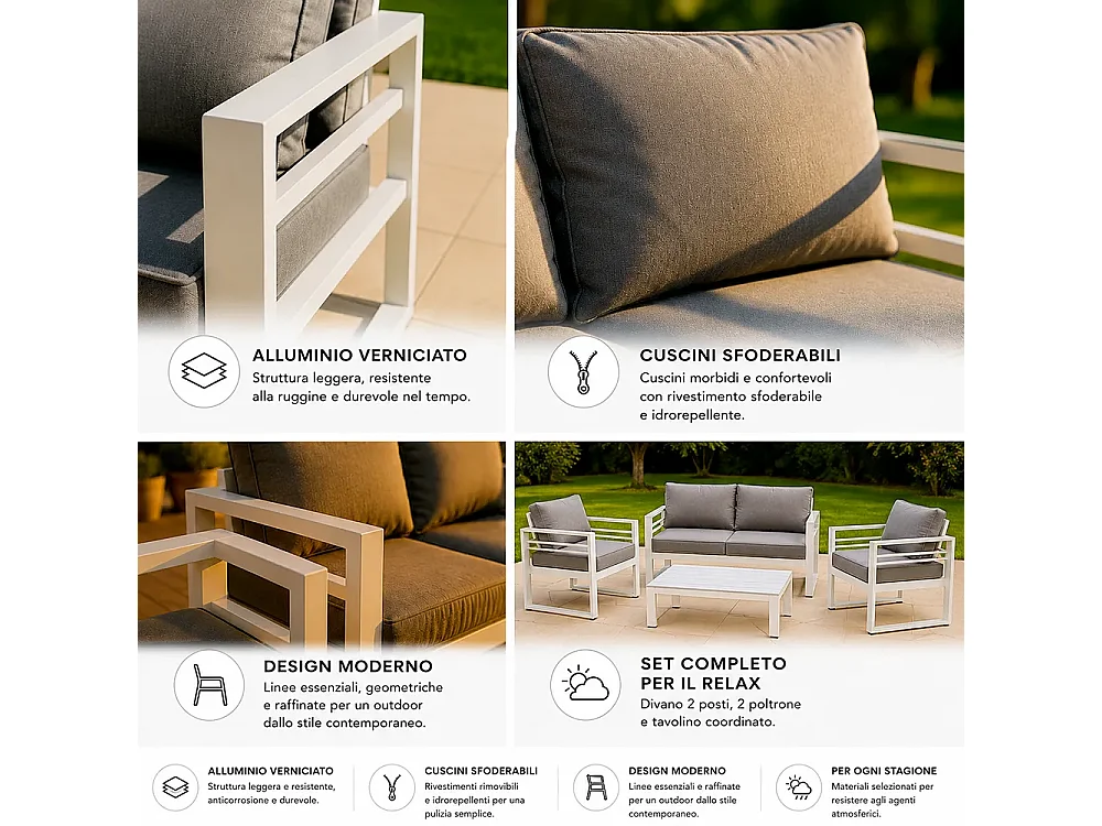 Tempo Style - Salottino 4 posti LEROS in alluminio colore bianco tessuto grigio chiaro per spazi aperti con cuscineria sfoderabile.