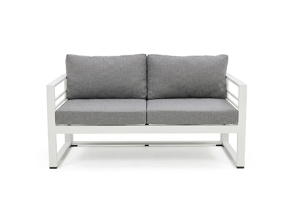 Tempo Style - Salottino 4 posti LEROS in alluminio colore bianco tessuto grigio chiaro per spazi aperti con cuscineria sfoderabile.