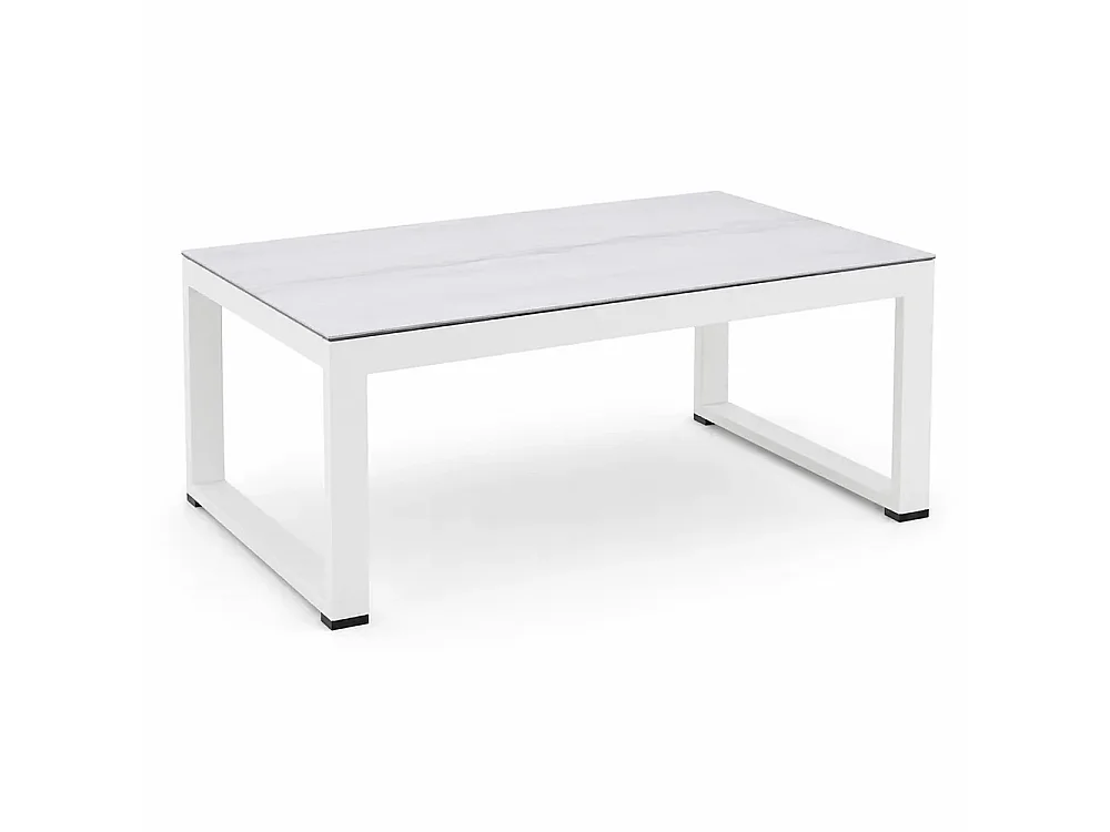 Tempo Style - Salottino 4 posti LEROS in alluminio colore bianco tessuto grigio chiaro per spazi aperti con cuscineria sfoderabile.