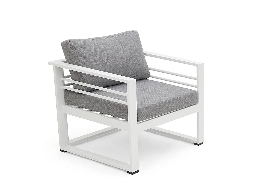 Tempo Style - Salottino 4 posti LEROS in alluminio colore bianco tessuto grigio chiaro per spazi aperti con cuscineria sfoderabile.
