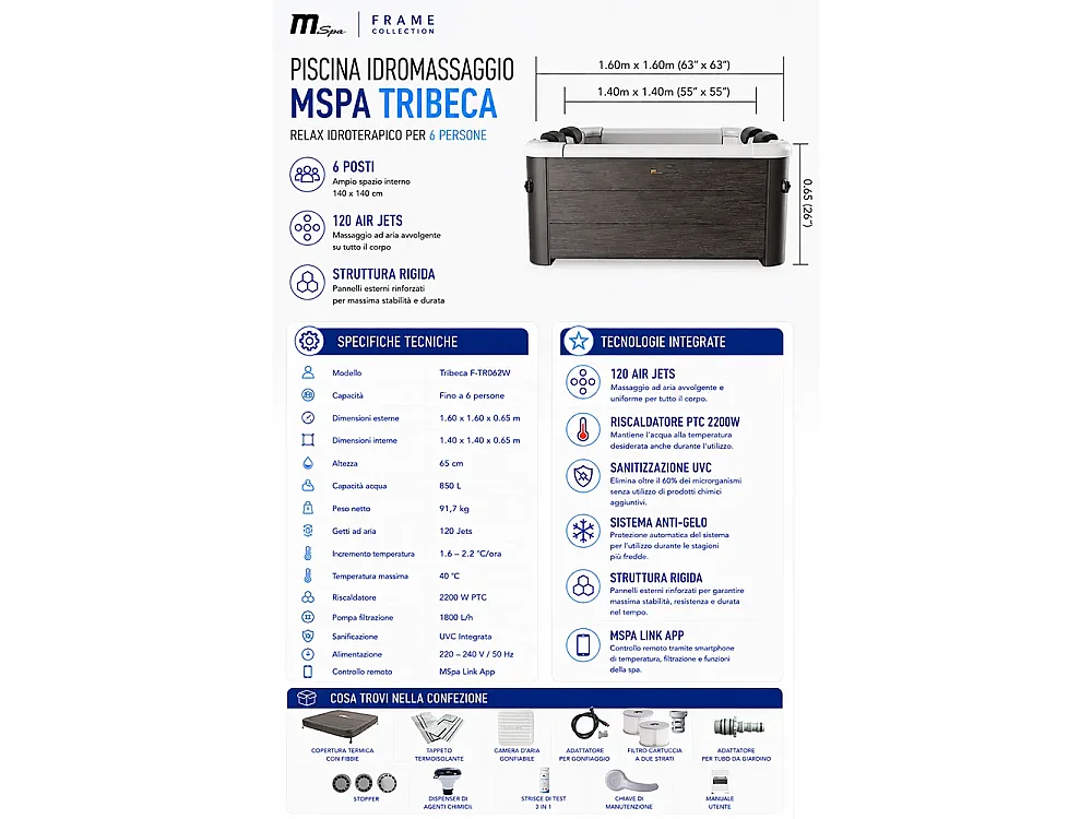 Tempo Style - Spa rigida fuori terra quadrata MSpa Tribeca F-TR062W | Dimensioni 1.6m x 1.6m x 0.65m