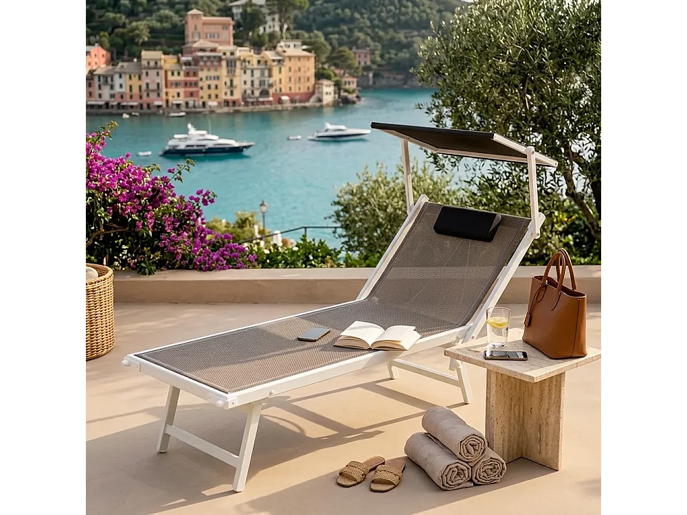 Tempo Style - Lettino Mare Professionale L-MEDITERRANEO | Sdraio 3 posizioni con Parasole | Ideale per Spiaggia e Giardino (Tortora/Bianco)