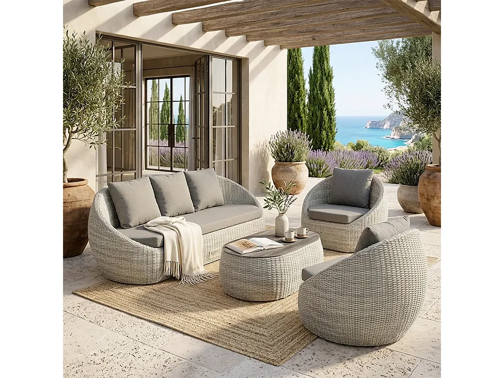 Tempo Style - Salottino in polyrattan SANTORINI PLUS grigio | Lounge con divano, tavolo, 2 poltrone, cuscini | Set di mobili da giardino da 5 persone