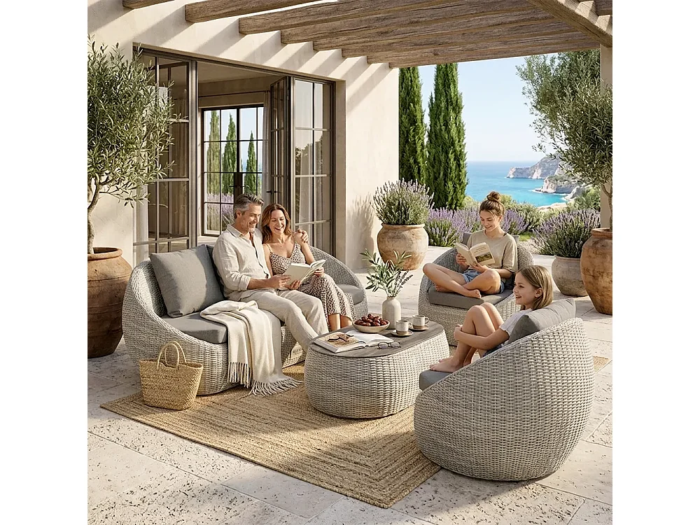 Tempo Style - Salottino in polyrattan SANTORINI PLUS grigio | Lounge con divano, tavolo, 2 poltrone, cuscini | Set di mobili da giardino da 5 persone