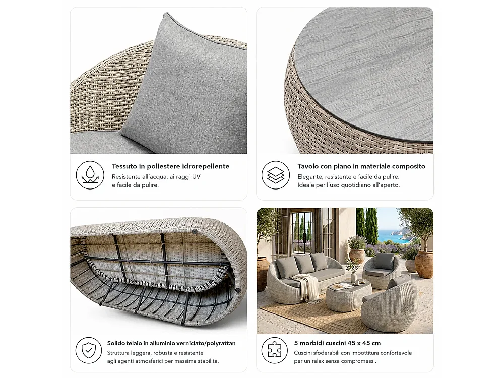 Tempo Style - Salottino in polyrattan SANTORINI PLUS grigio | Lounge con divano, tavolo, 2 poltrone, cuscini | Set di mobili da giardino da 5 persone