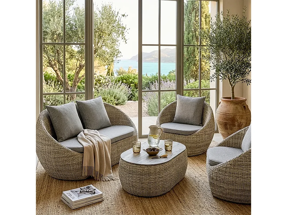 Tempo Style - Salottino in polyrattan SANTORINI grigio | Lounge con divano, tavolo, 2 poltrone e cuscini | Set di mobili da giardino da 4 persone