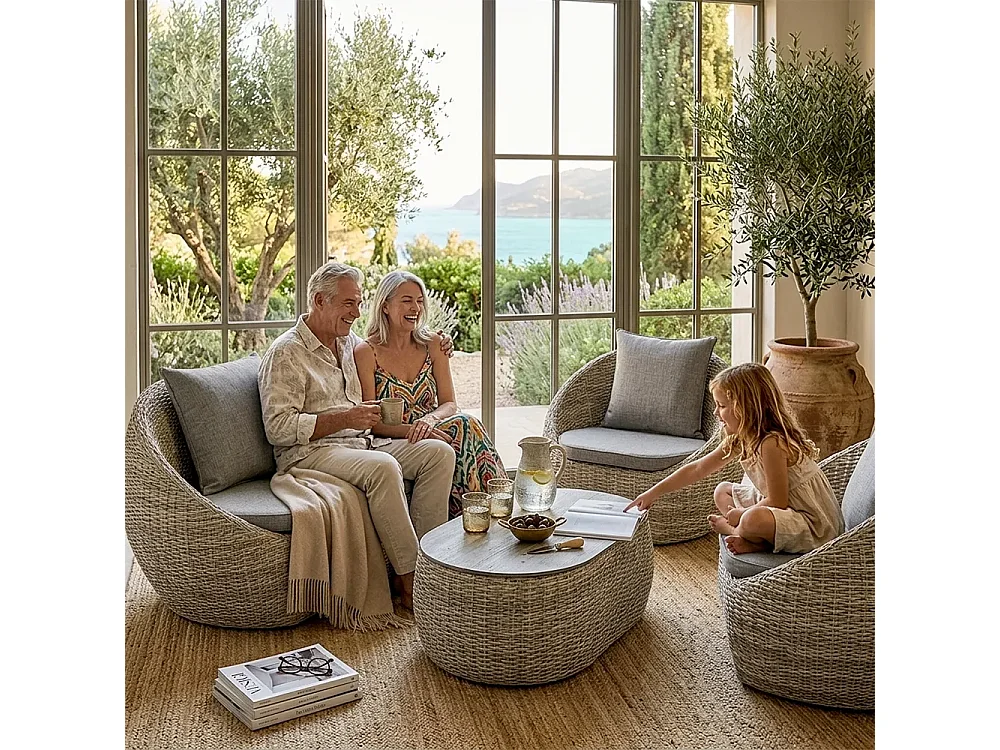 Tempo Style - Salottino in polyrattan SANTORINI grigio | Lounge con divano, tavolo, 2 poltrone e cuscini | Set di mobili da giardino da 4 persone