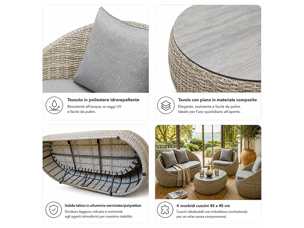 Tempo Style - Salottino in polyrattan SANTORINI grigio | Lounge con divano, tavolo, 2 poltrone e cuscini | Set di mobili da giardino da 4 persone