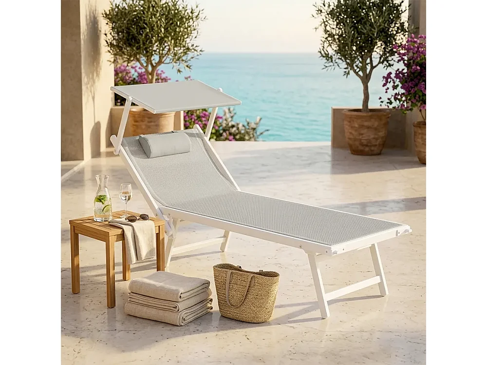 Tempo Style - Lettino Mare Professionale L-MEDITERRANEO | Sdraio 3 posizioni con Parasole | Ideale per Spiaggia e Giardino (Grigio/Bianco)