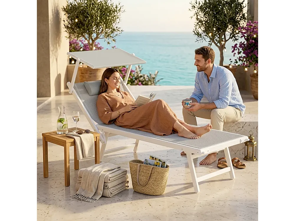 Tempo Style - Lettino Mare Professionale L-MEDITERRANEO | Sdraio 3 posizioni con Parasole | Ideale per Spiaggia e Giardino (Grigio/Bianco)