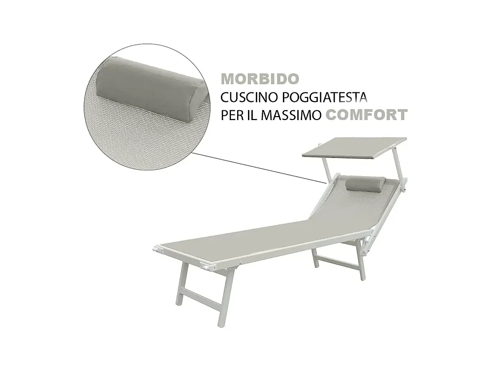 Tempo Style - Lettino Mare Professionale L-MEDITERRANEO | Sdraio 3 posizioni con Parasole | Ideale per Spiaggia e Giardino (Grigio/Bianco)