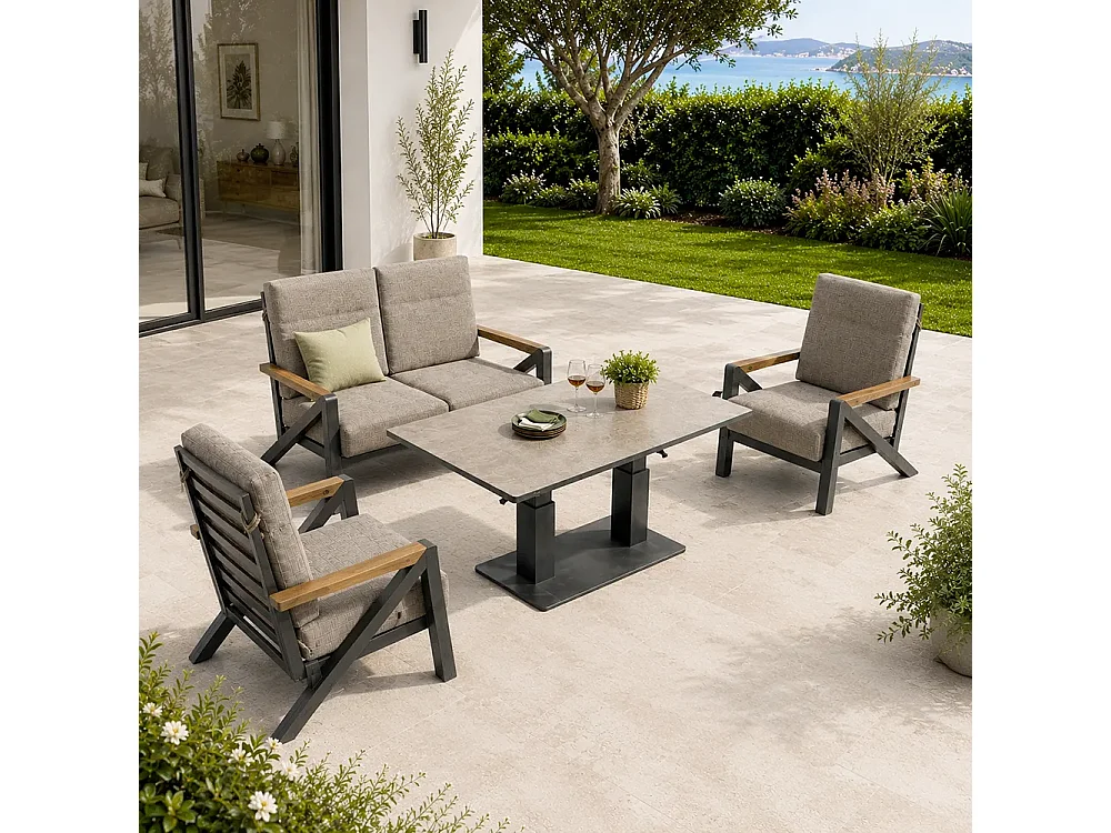 Tempo Style - Salottino KEA in alluminio antracite | Lounge da giardino con divano, tavolo, 2 poltrone e cuscini | Set di mobili giardino da 4 persone