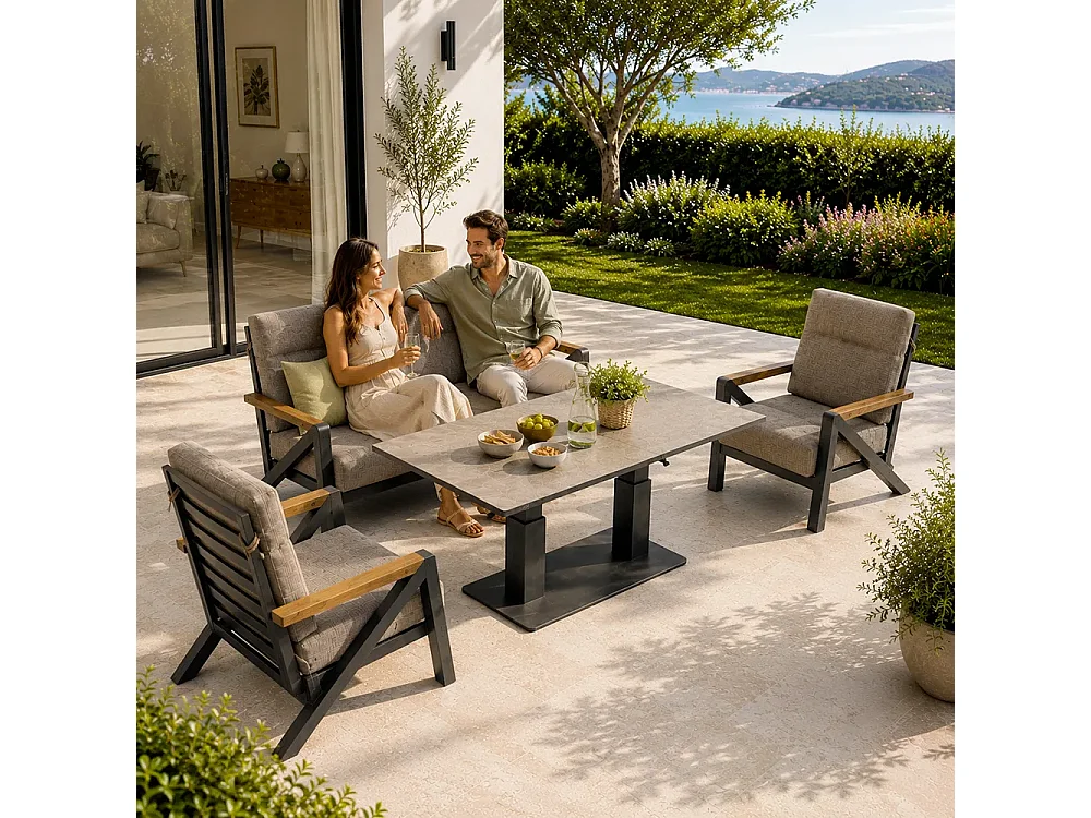 Tempo Style - Salottino KEA in alluminio antracite | Lounge da giardino con divano, tavolo, 2 poltrone e cuscini | Set di mobili giardino da 4 persone
