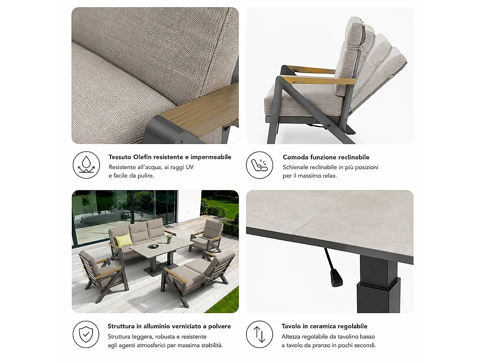 Tempo Style - Salottino KEA in alluminio antracite | Lounge da giardino con divano, tavolo, 2 poltrone e cuscini | Set di mobili giardino da 4 persone