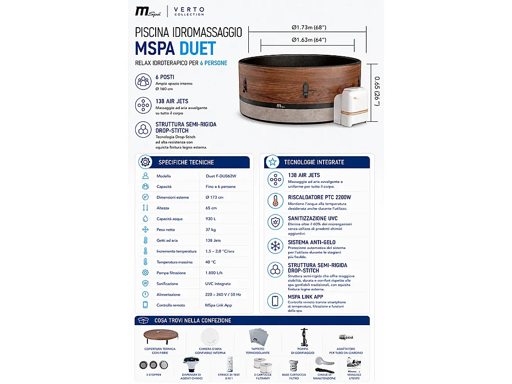 Tempo Style - Spa semirigida fuori terra MSpa DUET F-DU062W | Dimensioni 1.73m x 0.65mH