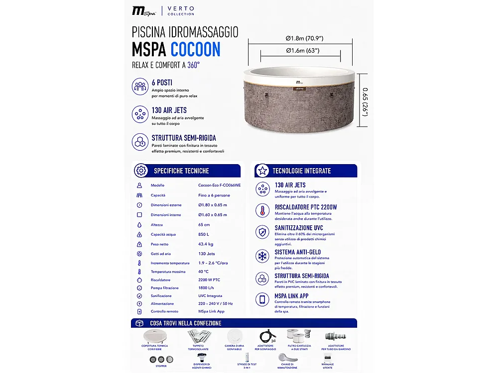 Tempo Style - Spa semirigida fuori terra  MSpa Cocoon-Eco F-CO066WE | Dimensioni: 1.80 Ø x 0.65 H